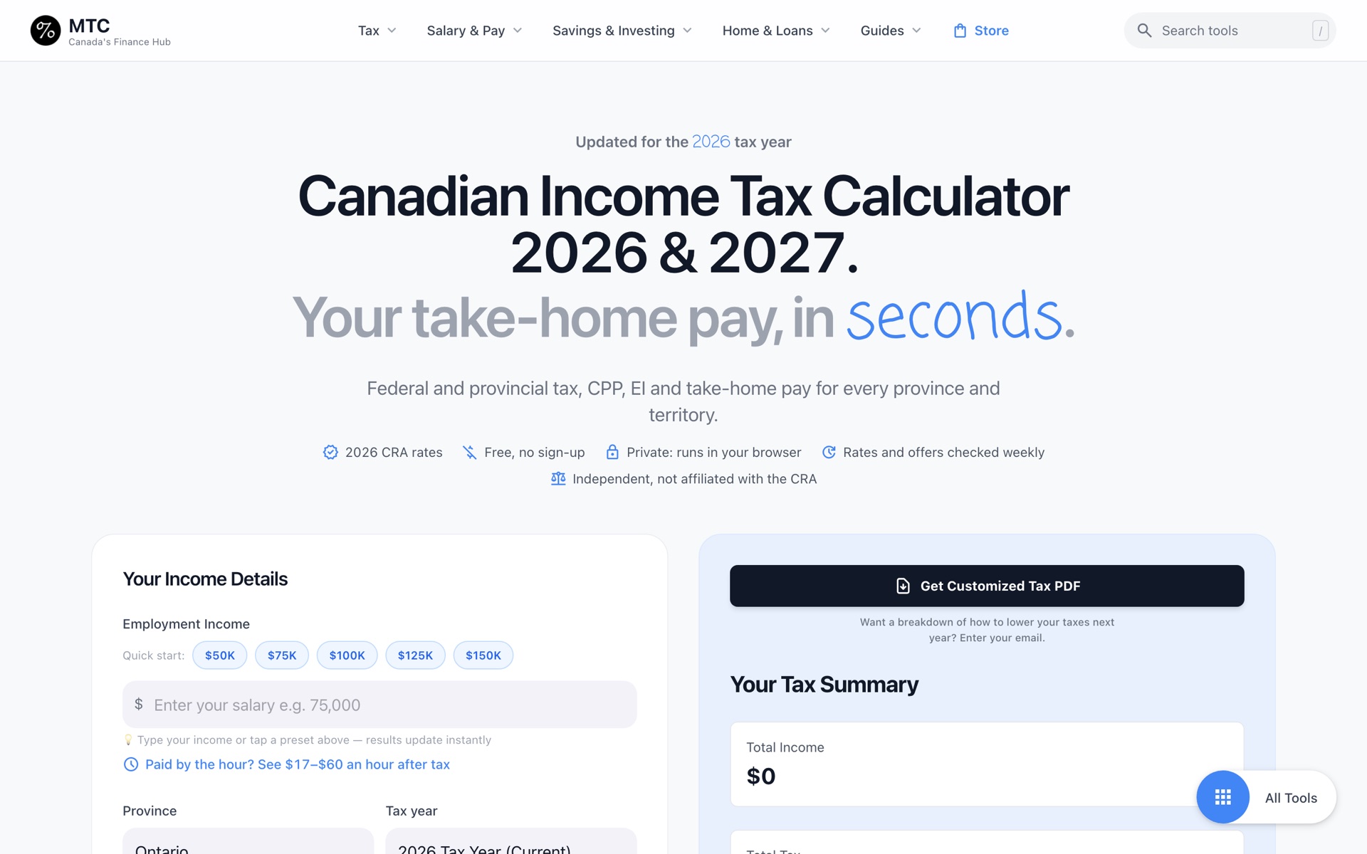 MyTaxCalculator Canada Live Interface